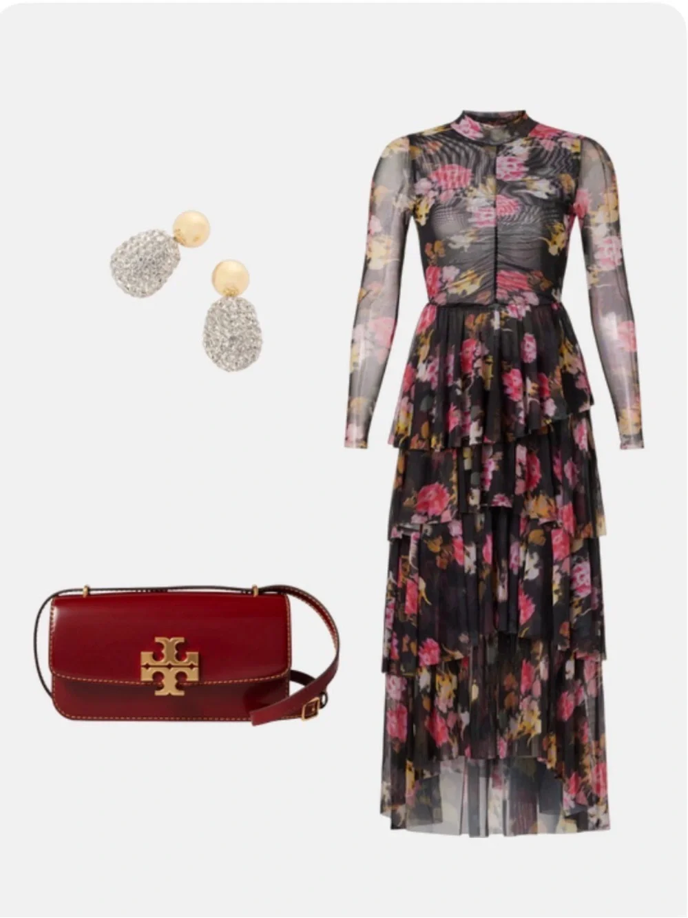 Ted Baker Sheer Floral Tiered Long-Sleeve Midi Dress in Black and Pink